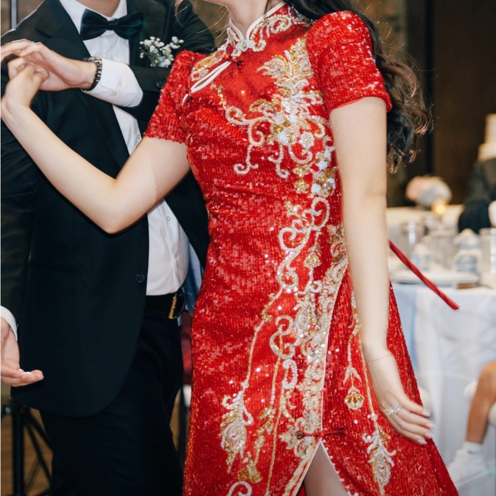 Pearl and Sequin Red Qi Pao (traditional Chinese dress)